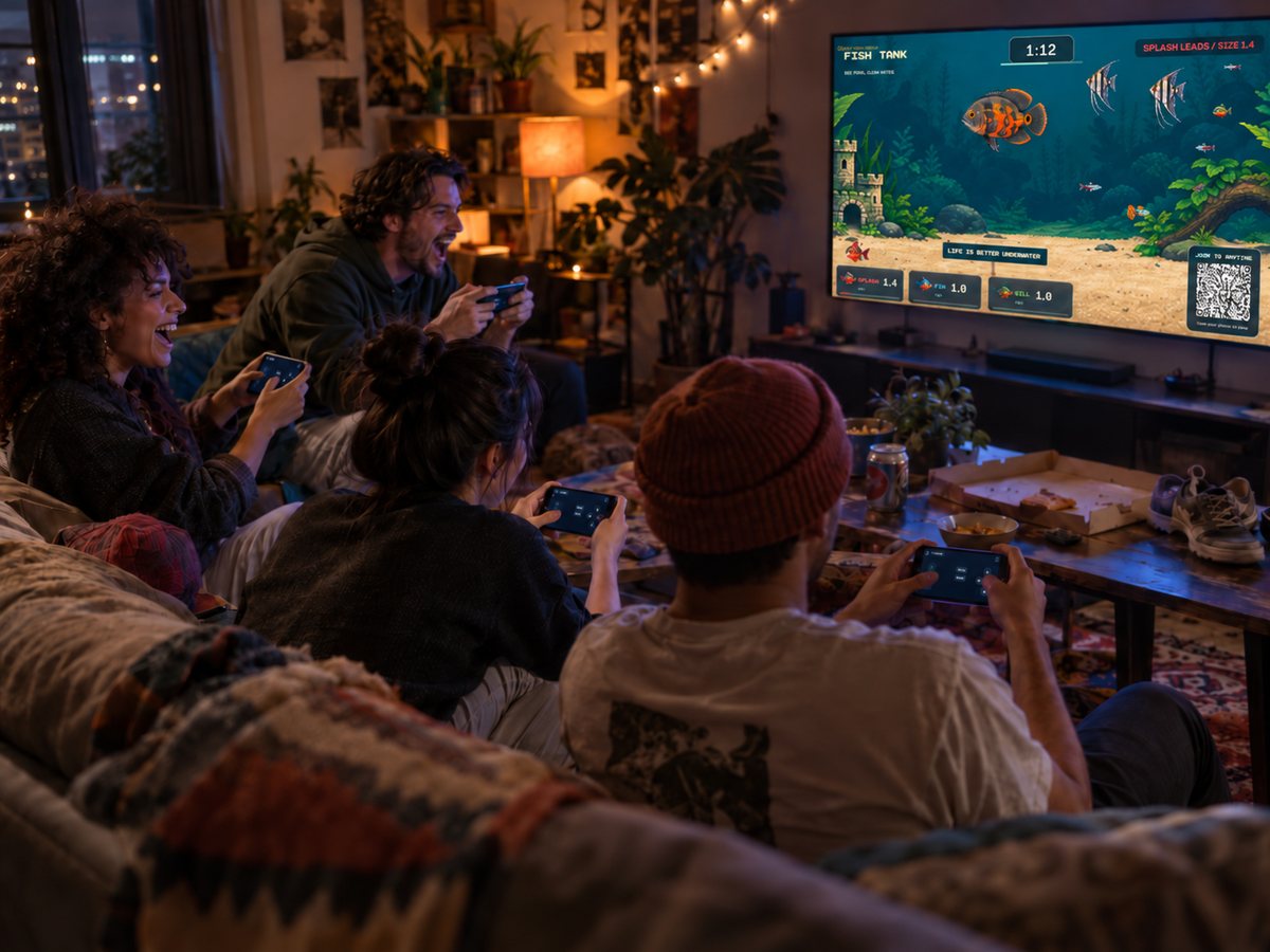 Four friends on a couch playing Fish Tank on the TV, each using their phone as a controller
